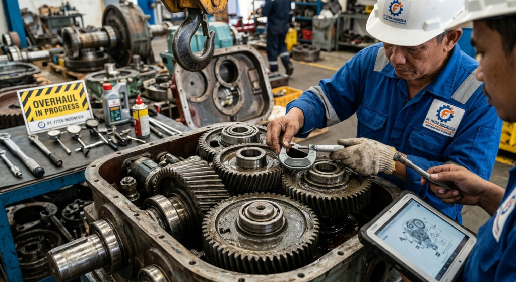Close-up of winch gearbox and mechanical components during overhaul