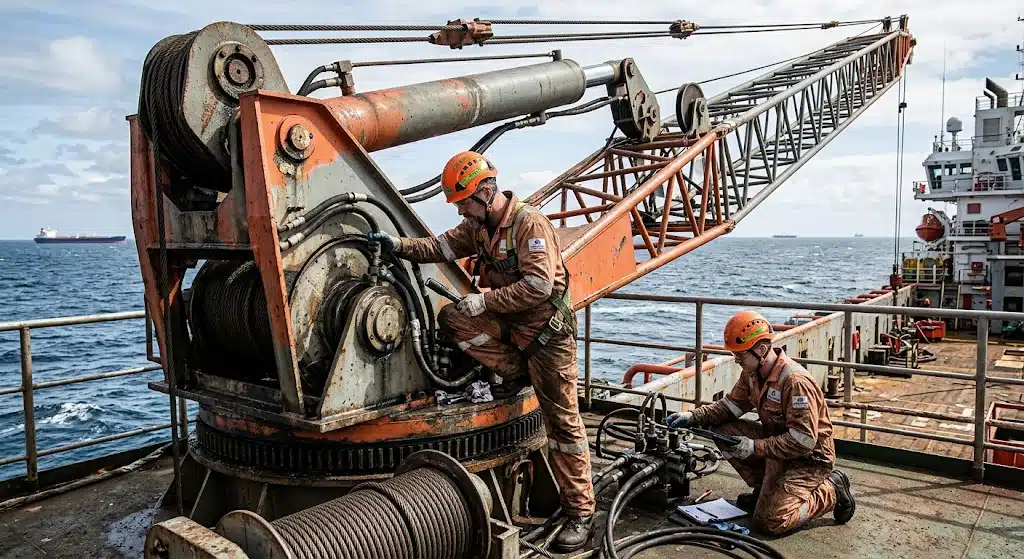 Marine Crane Overhaul Inspection Marine crane overhaul services with technicians inspecting a vessel deck crane