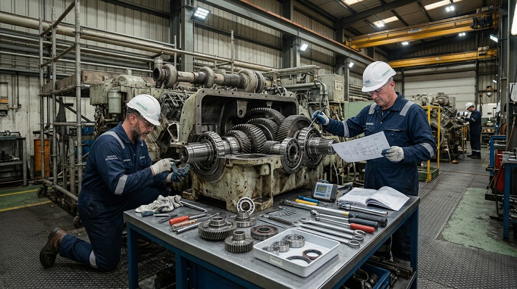 Marine Machinery Overhaul performed by technicians on industrial marine equipment Marine Machinery Overhaul performed by technicians on industrial marine equipment