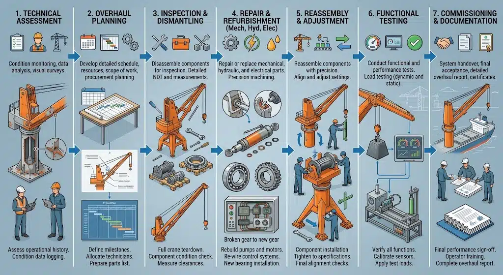 Marine crane overhaul services process from inspection and repair to testing