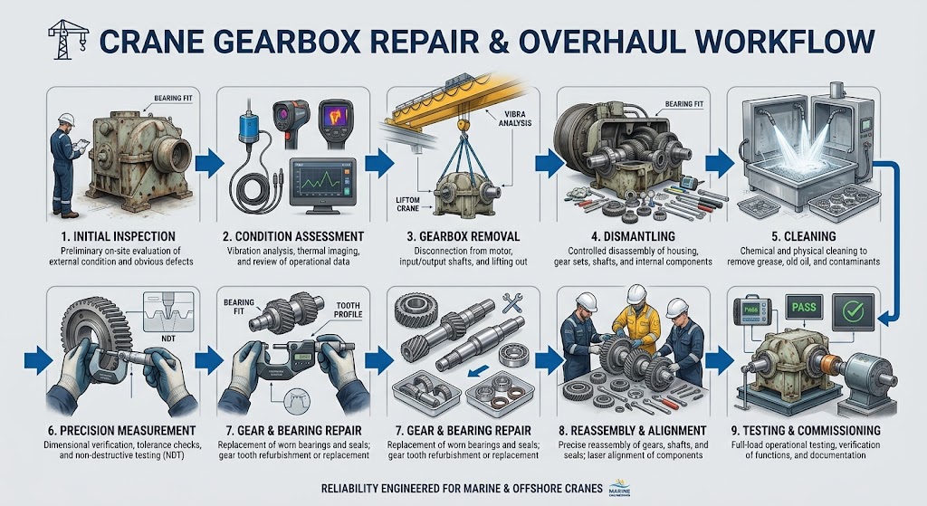 Crane Gearbox Repair and overhaul process from inspection to commissioning