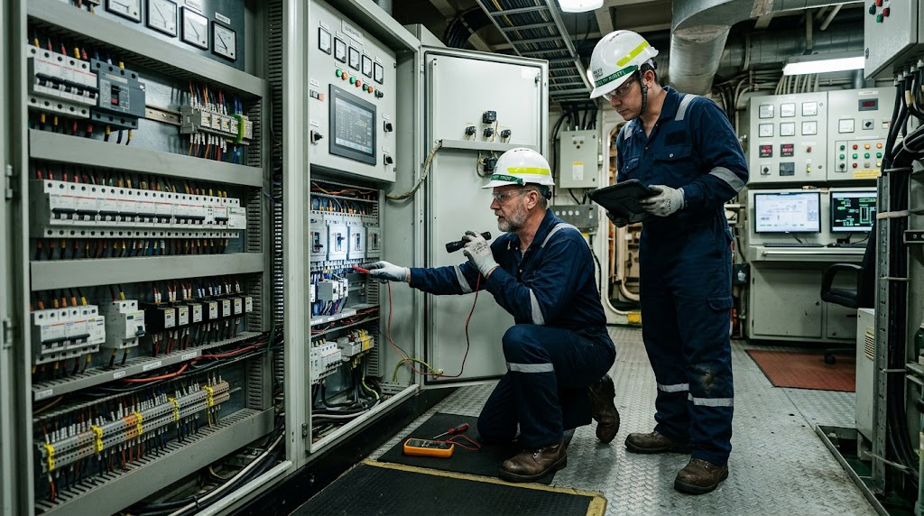 marine-electrical-services Marine Electrical Services technician inspecting a ship electrical control panel