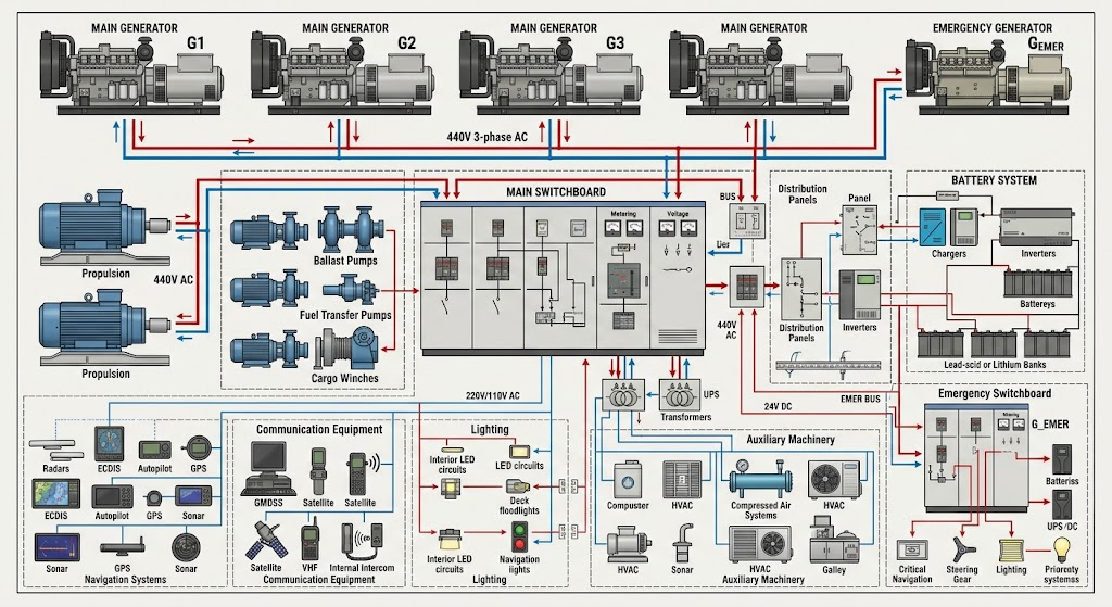 Marine electrical system diagram showing vessel power distribution and electrical equipment