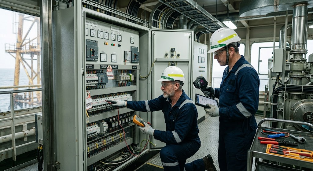 offshore-electrical-maintenance-marine-switchboard Offshore Electrical Maintenance technicians inspecting marine electrical switchboard