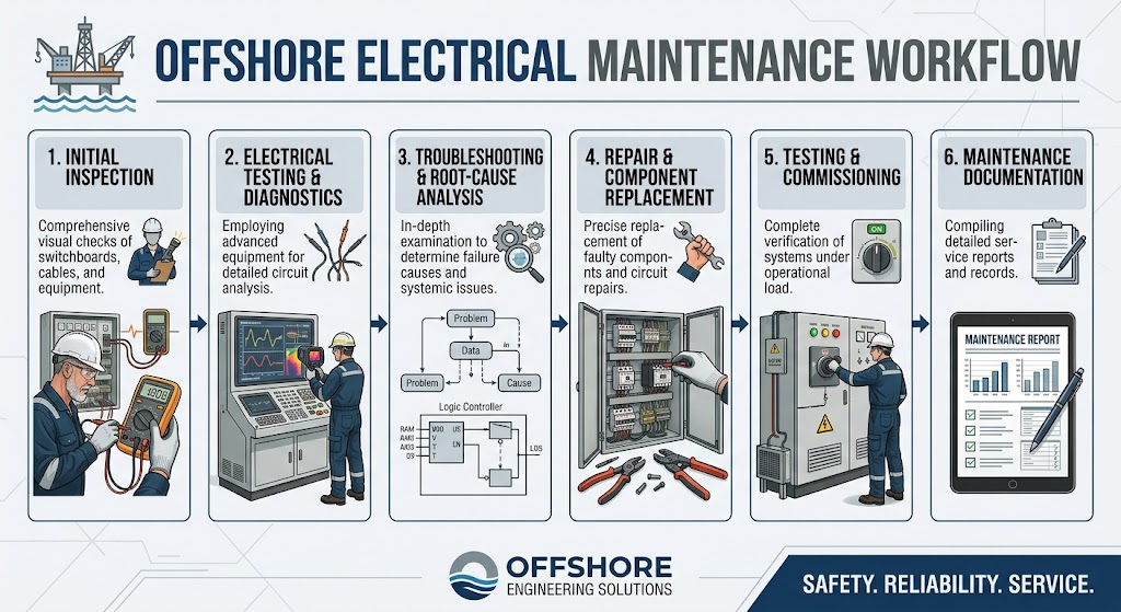 Offshore Electrical Maintenance inspection testing repair and commissioning workflow